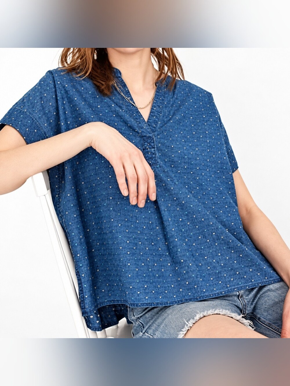 Madewell Lakeline Swiss Dot Popover Shirt Indigo Rainbow Heart XL Cotton